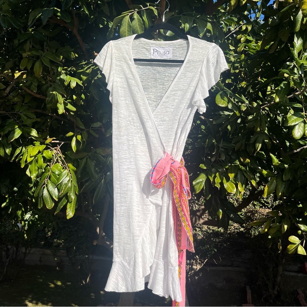 PITUSA off white semi sheer‎ knit ruffle short sleeve contrast belt wrap mini